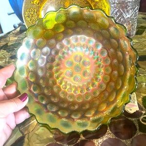 Fenton Stippled Coin Dot Carnival Glass Ice Cream or serving Bowl, Green 7.5”